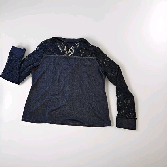 Elena Wang Top Womens L Indigo LS Lace Pullover Chambray Stretch Boho Whimsigoth - Picture 13 of 13